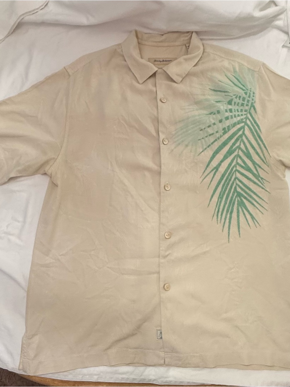 Tommy Bahama Beige Short-Sleeve Button-Down with Green Palm Motif